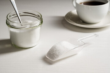 Sweetener crystals powder. Sugar alternative, food and nutrition