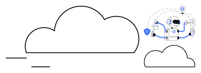 Robot with multiple arms interacting with cloud elements, icons of security, storage, communication, and data analytics. Ideal for AI, cloud computing, automation, data sharing tech innovation