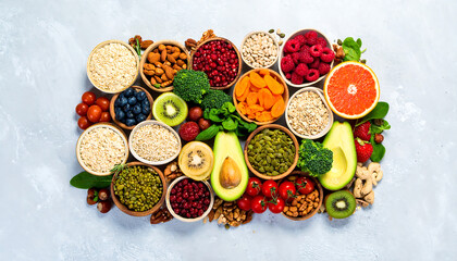 Vibrant overhead shot of healthy food assortment: nuts, seeds, fruits, vegetables, and grains in bowls, promoting nutritious eating.