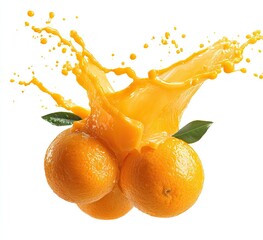 Fresh orange juice splashes around three whole oranges