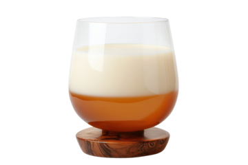 Layered drink in a glass on a wooden coaster isolated on transparent background. Glass of milk isolated on white background.