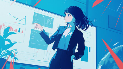 スーツ姿の女性が社内の会議室でプレゼンテーションを行う様子を描いたアニメ風イラスト。ビジネスシーン、オフィス、働く女性、キャリアウーマン、資料発表、会議、仕事、教育、ビジネス素材に適した抽象的背景イメージ。