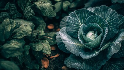 Obraz premium The camera zooms in on a crisp, green cabbage, highlighting the complex patterns of its leaves and signifying a healthy, nutritious food choice