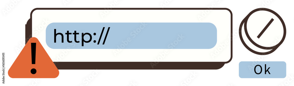 Poster address bar with url field, warning triangle sign, and confirmation button, conveying online error o