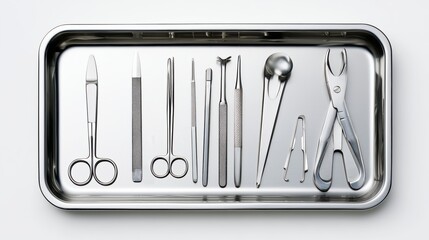Surgical instruments neatly arranged on a stainless steel tray for medical procedures in a clean environment