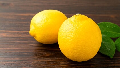 Two vibrant yellow lemons rest on a dark wooden surface, highlighted by fresh green leaves.