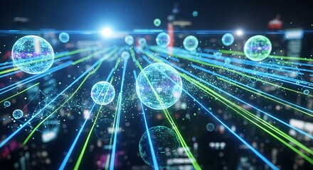 Futuristic Digital Spheres and Data Streams Over Cityscape at Night
