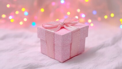 Pink gift box with ribbon on soft white surface, bokeh lights