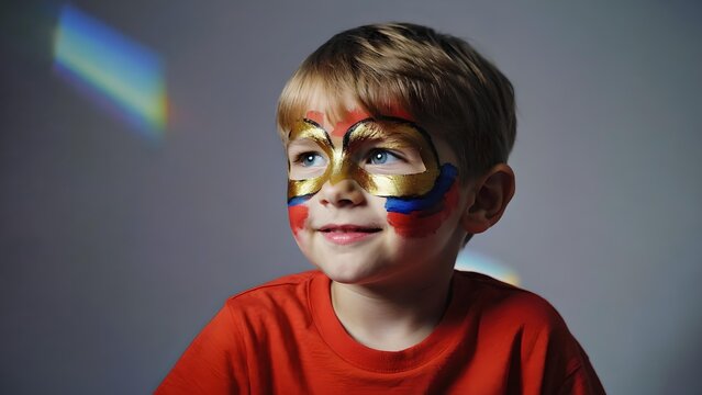 Smiling young boy with superhero style face paint in gold red and blue colors wearing red shirt looking away with joyful expression on gray background