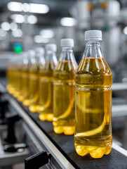 Bottles of oil on a conveyor belt in a production facility.