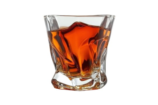 Crystal whiskey glass with amber liquid isolated on transparent background. Glass of whiskey isolated on white background.