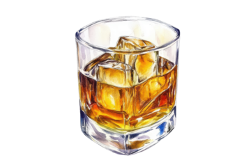 Glass of whiskey with ice cubes isolated on transparent background. Glass of whiskey watercolor isolated on white background.