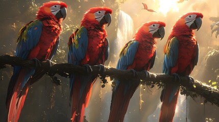 Naklejka premium Vibrant macaws perch on branch in lush jungle with waterfall