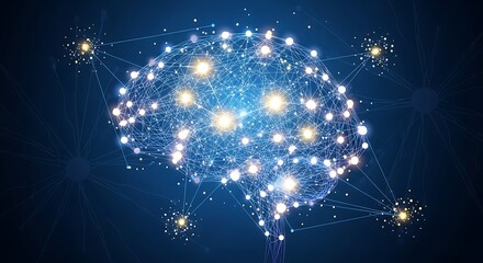 Glowing Brain Network: Interconnected Nodes and Neural Pathways on Dark Blue Background