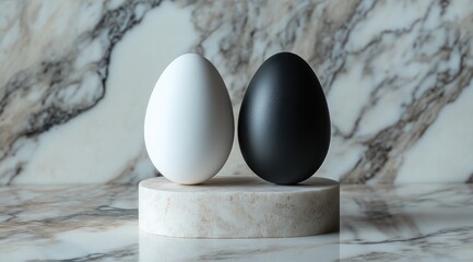 Two eggs, white and black, on marble bases