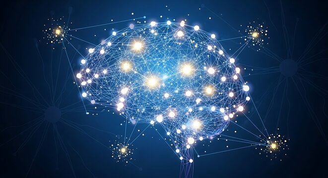 Glowing Brain Network: Interconnected Nodes and Neural Pathways on Dark Blue Background