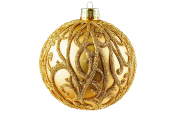 Golden christmas ornament with intricate pattern isolated on transparent background. Gold christmas ball isolated on white background.