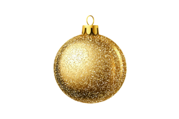 Golden christmas bauble ornament with glitter isolated on transparent background. Gold christmas ball isolated on white background.