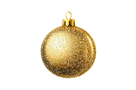 Golden christmas bauble ornament with glitter isolated on transparent background. Gold christmas ball isolated on white background.