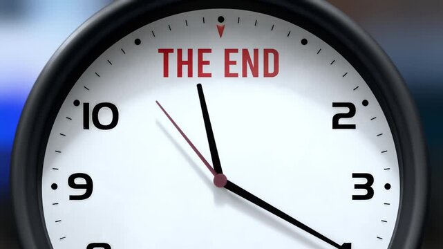 The End that is going to happen soon. Incoming the end, approaching in the near future. The End almost here, in a short time - a clock symbolizes a reminder that the end is near.