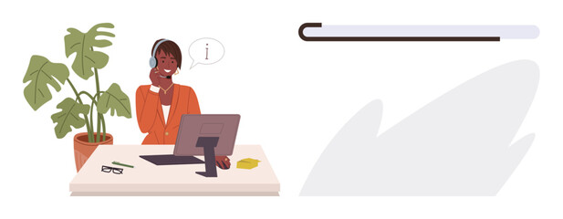 Smiling professional in headset engaging with customer, desk with computer, plant and shelf. Ideal for communication, assistance, support, consultancy, organization, customer care business