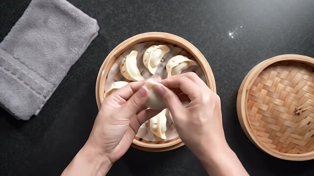 Overhead Shot of Cook Skillfully Steaming Dumplings in a Traditional Bamboo Steamer with Gray Towel on Dark Surface Demonstrating Asian Cuisine and Culinary Skill Demonstrating Cooking Techniques