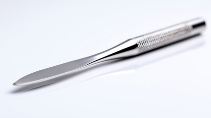 Fototapeta premium Detailed close-up of a shiny craft knife resting on a reflective surface capturing the precision tools used in art and design