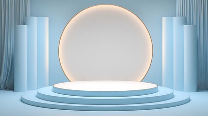 Fototapeta premium A light blue podium with a round backdrop and curtains is ideal for product presentations, awards ceremonies, or showcasing a winners achievement