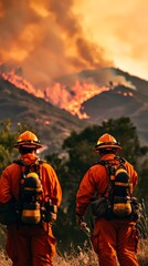 Naklejka premium Firefighters battling wildfire flames smoke dramatic forest disaster emergency response photo