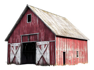 Rustic red wooden barn with weathered roof and large open doors isolated on transparent background