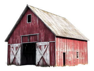 Rustic red wooden barn with weathered roof and large open doors isolated on transparent background