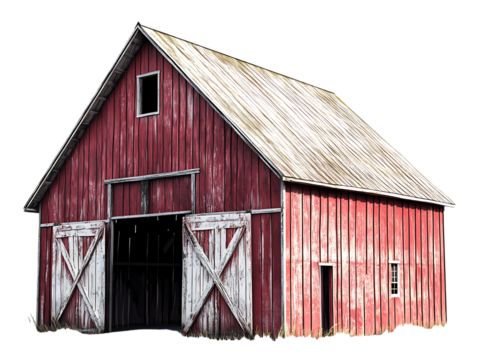 Rustic red wooden barn with weathered roof and large open doors isolated on transparent background