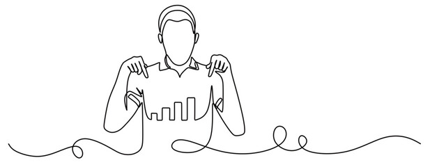 continuous line art of a man pointing at a rising graph in front of him