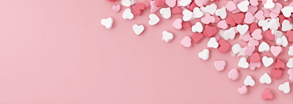Pink hearts candy sprinkles scattered on a pink background