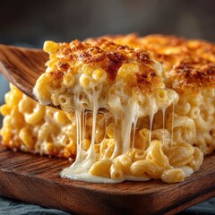 Cheesy mac and cheese being scooped