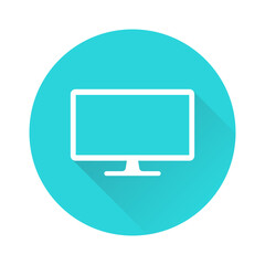 Desktop computer monitor round icon with shadow, isolated vector illustration