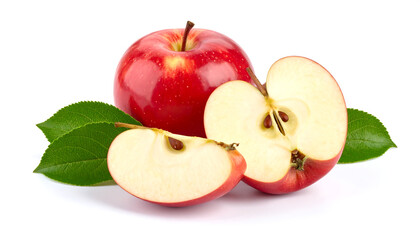 Fresh Red Apple Slices with Green Leaves: Vibrant, Juicy, Healthy, and Appealing Stock Photo for Food, Health, and Wellness Advertising.