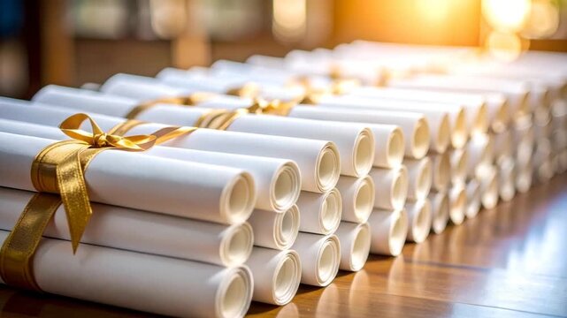 Stacked diplomas with gold ribbons