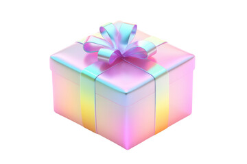 Fototapeta premium Holographic gift box with ribbon isolated on transparent background. Gradient gift box holographic Iridescent isolated on white background, 3d rendering.