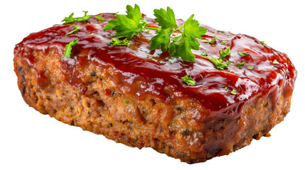Obraz premium Classic homemade meatloaf with a sweet ketchup glaze, garnished with fresh parsley. This hearty, isolated photo is perfect for family-style restaurant menus.
