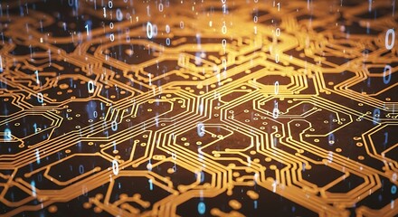 Golden Circuit Board with Binary Code Overlay, Futuristic Technology Concept
