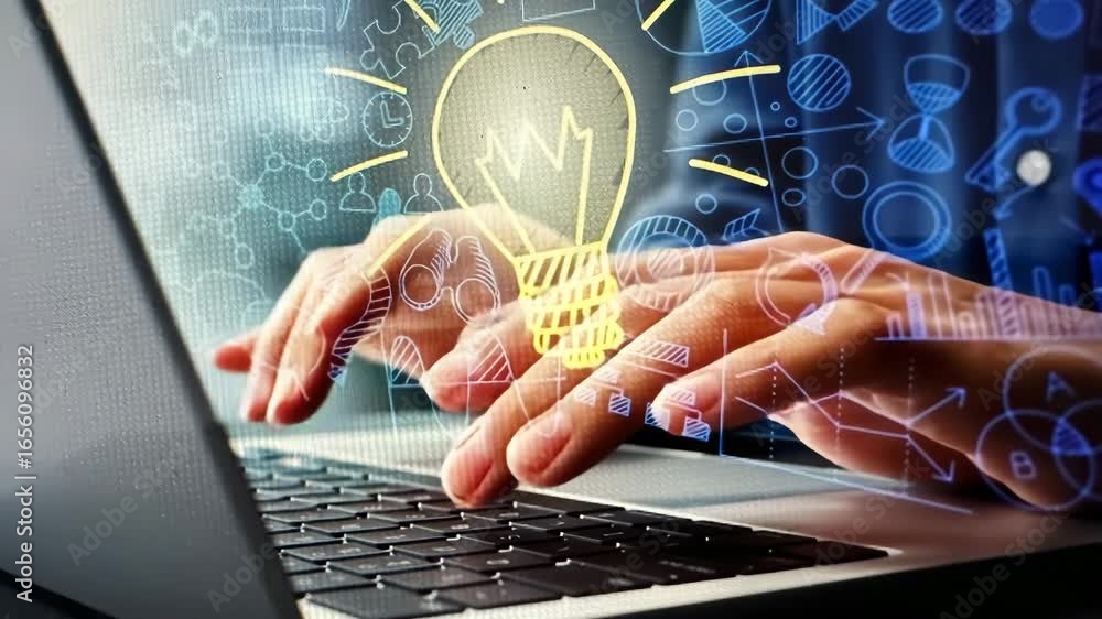 Poster creating innovative ideas while typing on a laptop with graphic overlays showcasing technology conce