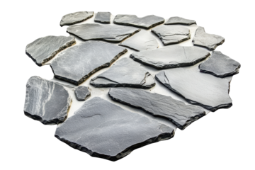 Pile of irregular gray slate stones isolated on transparent background. Gray stone floor isolated on white background.