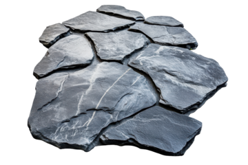 Pile of irregular gray slate stones isolated on transparent background. Gray stone floor isolated on white background.
