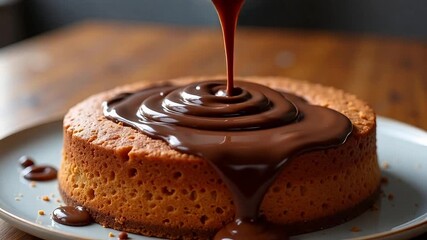 Rich chocolate ganache cascading over a freshly baked cake, creating a decadent dessert moment. - Powered by Adobe