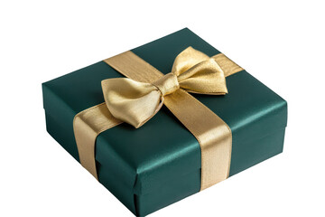 Obraz premium Elegant dark green gift box with gold ribbon and bow isolated on transparent background. Green gift box isolated on white background.