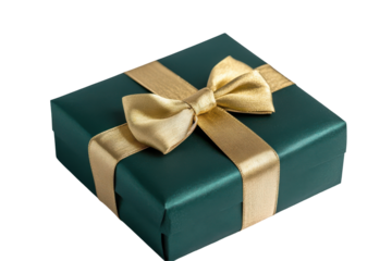 Elegant dark green gift box with gold ribbon and bow isolated on transparent background. Green gift box isolated on white background.