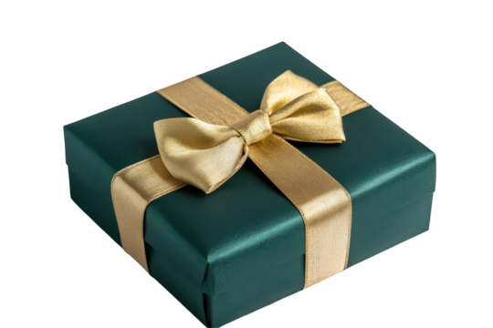 Elegant dark green gift box with gold ribbon and bow isolated on transparent background. Green gift box isolated on white background.