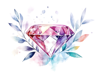Vibrant watercolor diamond with delicate leaves and sparkling effects isolated on transparent background