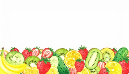 A watercolor drawing of fruit and vegetables background layers backgrounds figure expression movement style emotion cartoonish creative frame illustration depth motion composition elements